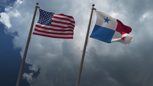 Waving Flags Of The United States And The Panama 4K