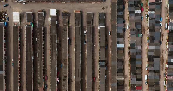 Aerial view to old garage cooperative - car storage community, parking