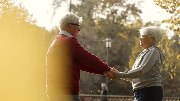 Happy Retired Caucasian Couple Dancing Enjoying Their Time in Park Laughing Holding Hands Medium