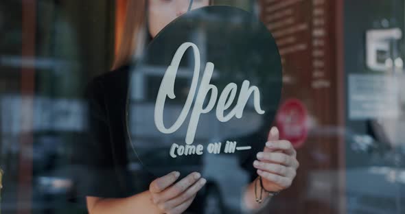 Turning Closed Sign Board Reopen After Coronavirus Quarantine Cafe Concept