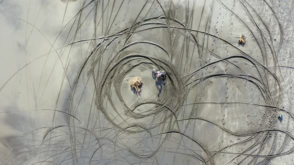 Dirt Bike rider preforming Donuts on a sandy beach in Bali, Indonesia, Top down aerial view.