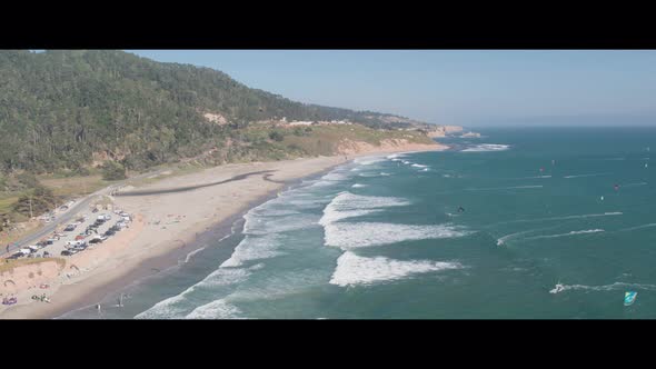 Aerial Drone Shot of a Beach Kiteboarders and Windsurfers (Waddell Beach, Pacific Coast Highway, CA)