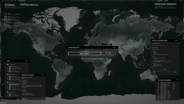 Global world map on computer screen. Modern spy tracking system. User Interface alt