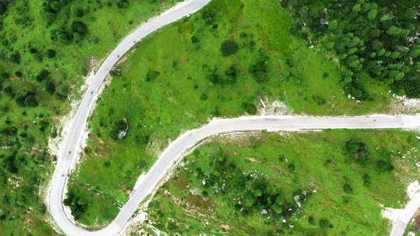 Top view of winding road at Passo Falazarego, Dolomites