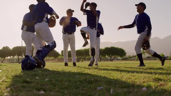 Baseball players celebrating after the match