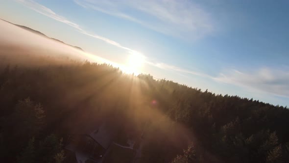 Flight Over the Misty Forest on Morning with Fog and Sun Rays on Treetops at Mountain Sunrise