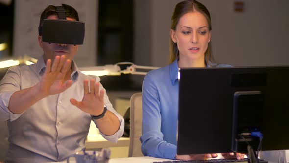 Team with Virtual Reality Headset at Night Office