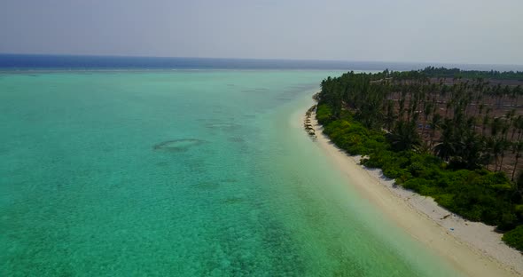 Tropical birds eye copy space shot of a summer white paradise sand beach and blue ocean background 