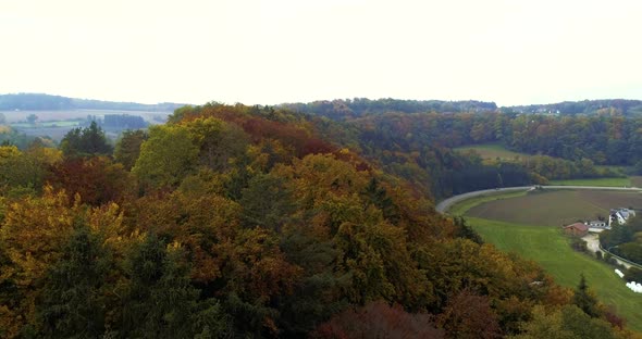 Beautiful drone video above a bavarian landscape in autumn