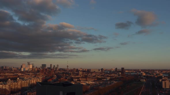 Skyline of Rotterdam city and port, the Netherlands, at sunset