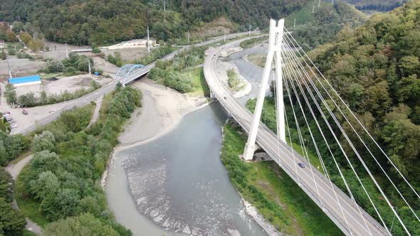 Aerial view of cable-stayed bridge on the road to Krasnaya Polyana. Sochi, Russia.