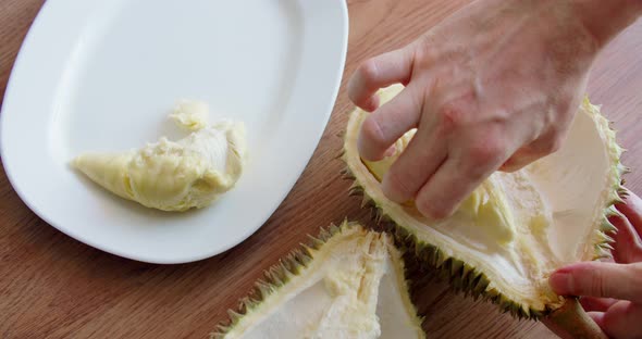 Gardener Man Cut Open Durian Open Flesh of Yummy Organic Yellow Yummy Durian on Blurred Background