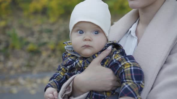 Portrait of the Cutiest Baby Boy with Blue Eyes Looks Around on Mother's Hands