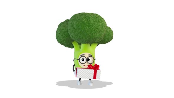 Broccoli Dancing With A Gift on White Background
