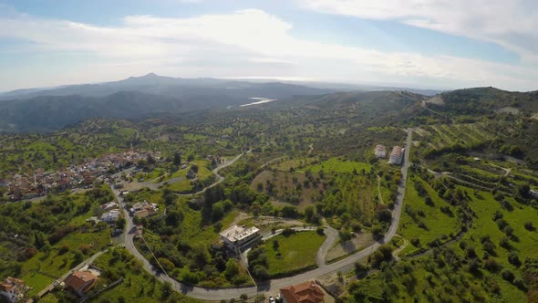 Nice Mountain Village, Green Landscape and Olive Gardens in Cyprus, Aerial View