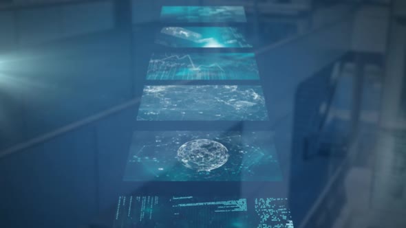 Animation of data processing with person using a smartphone over building in the background alt