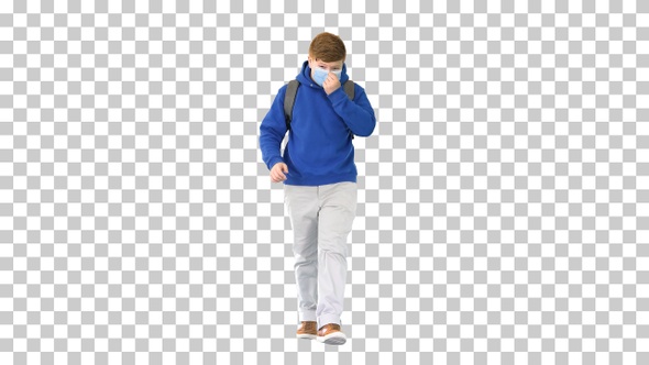 Schoolboy with backpack wearing medical mask walking, Alpha Channel