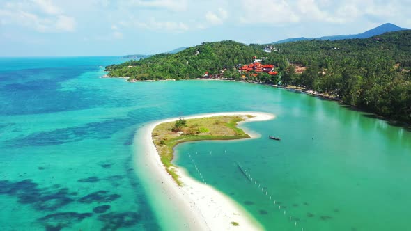 Aerial flying over abstract of idyllic sea view beach journey by blue ocean and bright sandy backgro