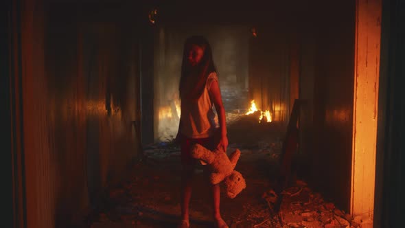 Terrified Girl Standing in Burning Building
