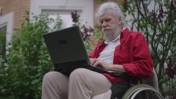 Medium Shot of Concentrated Old Disabled Caucasian Man in Wheelchair Typing on Laptop Keyboard