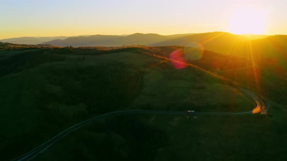 Aerial View on Way with Driving Car