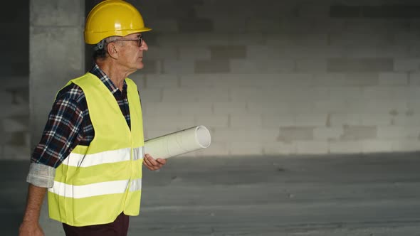 Caucasian senior engineer walking and holding plans on construction site.