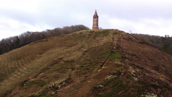 Aerial Over Red Brick Tower on the Top of Himmelbjerget Hill Denmark