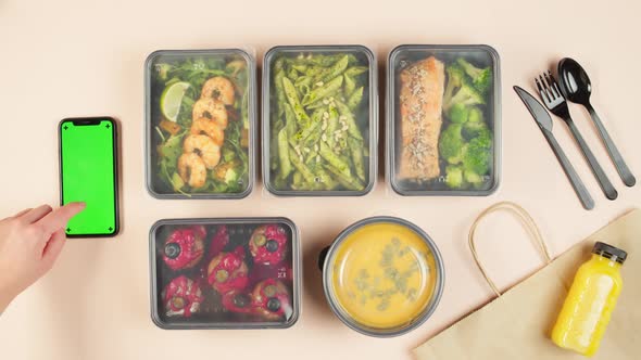 Food Delivery Top View Take Away Meals in Disposable Containers