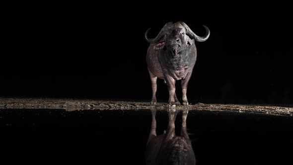 Cautious Cape Buffalo at night sniffs air, black reflection in water
