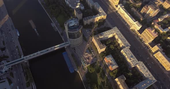 Aerial View of Moscow International Business Center at Sunrise When Sun Is Behind Clouds