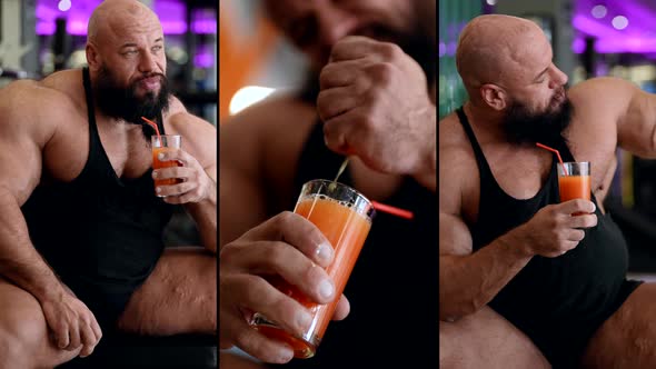 Muscular Jock is Drinking Fresh Juice in Gym Resting and Recovering After Training Triple Shot