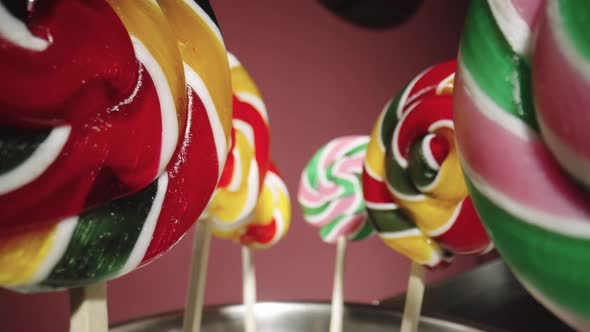 Camera Sliding Between Round Twisted Caramel Lollipops on Pink Background