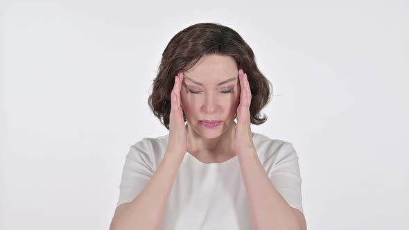 Old Woman Having Headache on White Background