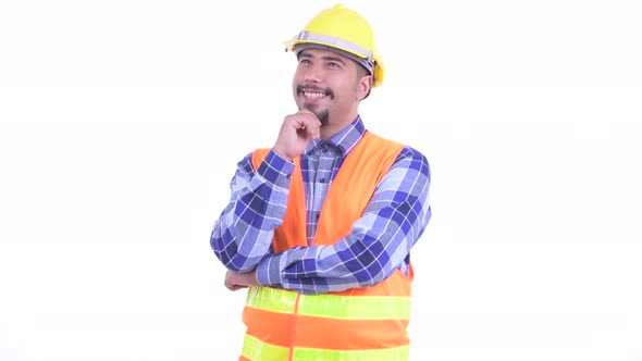 Happy Bearded Persian Man Construction Worker Thinking