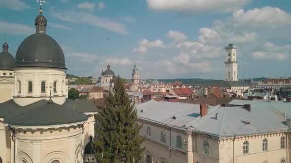 Aerial Drone Video of European City Lviv, Ukraine, Rynok Square, Central Town Hall, Dominican Church