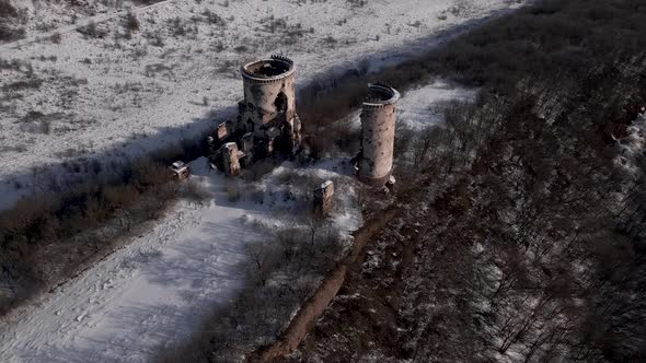 Ruins of Medieval Castle with Two Towers Aerial Drone View