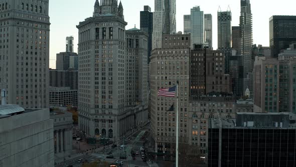 Backwards Fly Above Buildings in City