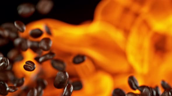 Super Slow Motion Shot of Coffee Beans and Flames After Being Exploded at 1000Fps