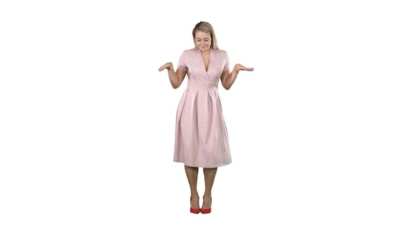 Blonde Lady Dancing in Pink Dress on White Background