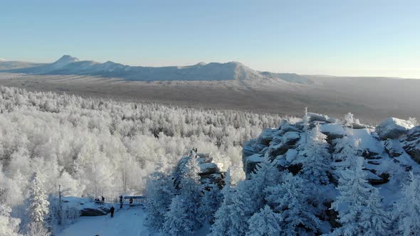 Aerial View of Snowy Winter Forest with Mountains in the Background