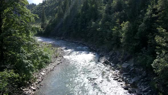 View of Ukrainian Mountain River at Summer Sunny Day