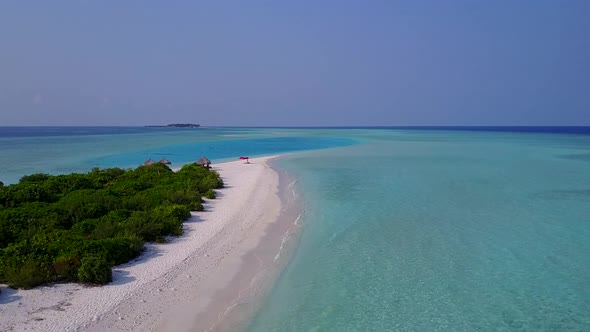 Drone aerial travel of tropical shore beach voyage by blue sea and sand background