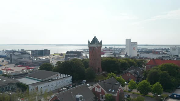 Drone Slow Camera Rotation Around the Water Tower of Esbjerg Denmark an Iconic Water Tower at the