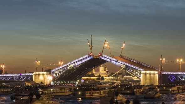 Palace Bridge Opens at Summer Night, Saint-Petersburg. Russia, Time Lapse