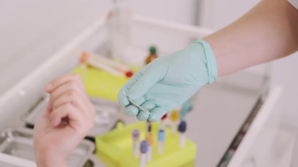 Close Up of Nurse Hand Applying Adhesive Plaster on Arm of Patient After Blood Collection in the