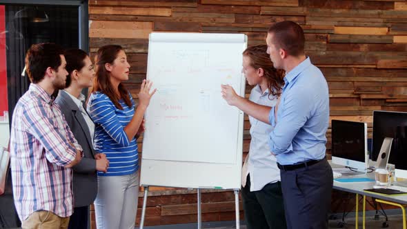 Business executives discussing over white board