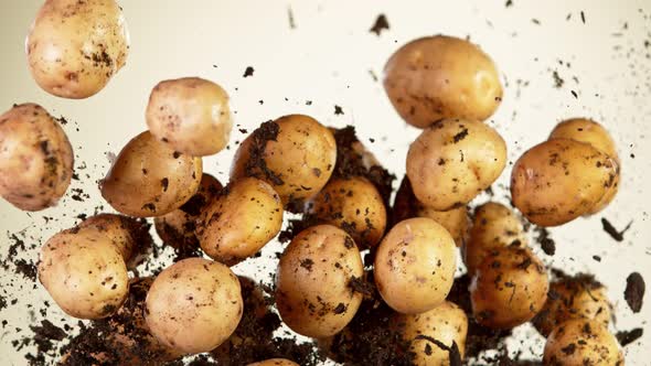 Super Slow Motion Shot of Flying Potatoes with Soil at 1000 Fps