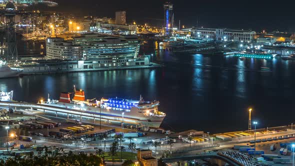 Night Skyline From Montjuic with Port Vell Timelapse, Barcelona, Catalonia, Spain