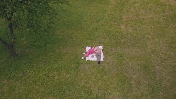 Family Weekend Picnic in Park. Aerial View. Senior Old Couple Lie on Blanket on Green Grass Meadow