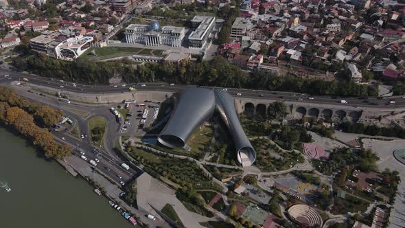 Aerial Footage of the Modern Building with Amazing Architecture in Tbilisi